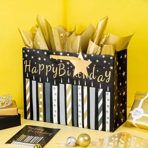 Birthday Gift Bag With Card And <b>Tissue</b> <b>Paper</b> <b>Black</b> Gold Foil Candle Design Ribbon Handle Art <b>Paper</b> 16 In - Product Image 2
