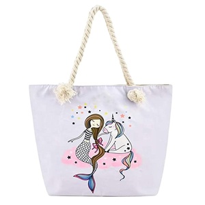 Grand sac de plage en toile imperméable rose avec poignée en corde de coton - Product Image 5