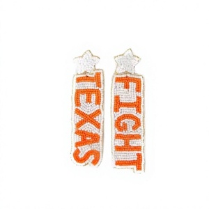 Pendientes con cuentas Texas Fight, hechos a mano, de algodón, forma rectangular, letras blancas y naranjas, joyería - Product Image 1