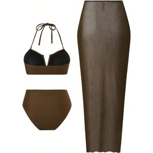 FOXA Women's 3 Piece Bandeau <b>Bikini</b> <b>Set</b> High Waisted Swimsuit With Sheer Cover Up <b>Skirt</b> Bathing Suit - Product Image 2