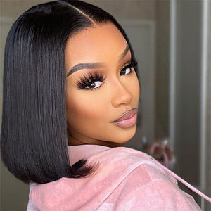 Perruque courte et droite style rose, en fibre Kanekalon noir pur, avec raie au milieu, frange et dentelle transparente, pour femme - Product Image 2