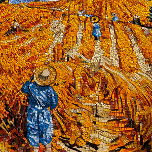 Carrelage personnalisé en mosaïque de seigle, puzzle, scène de récolte dorée murale faite à la main, mosaïque en verre bleu ciel, carrelage décoratif - Product Image 1