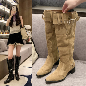 พร้อมส่ง รองเท้าบูทส้นสูงผู้หญิง สไตล์ตะวันตก สำหรับฤดูใบไม้ร่วง ฤดูหนาว ฤดูร้อน แบบสวม ไม่มีเชือกผูก ประดับโบว์ ป้องกันไฟฟ้าสถิตย์ ผลิตจากผ้าถัก - Product Image 3