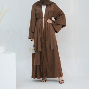Di alta qualità in raso di seta aperta Abaya EID Dubai Abaya Patchwork tre strati di raso fluente Cardigan abito musulmano con cintura - Product Image 6