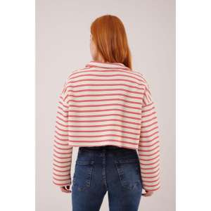 Women's <b>Red</b> Striped for Polo Collar Crop Sweatshirt Wholesale <b>Hoodies</b> & Sweatshirts - Product Image 1