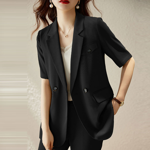 女性用コーヒー色半袖スーツジャケットカジュアルな気質ビンテージブレザー付き - Product Image 4