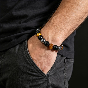 Natural Tiger's Eye And Black Agate Beaded <b>Bracelet</b> Unisex Everyday Wear 8mm Round Stone Jewelry - Product Image 2