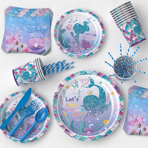 DAMAI Mermaid Paper Plates Party Supplies Children's Birthday Set <b>Tableware</b> Set Kids <b>Disposable</b> <b>Tableware</b> for Birthday Party - Product Image 2