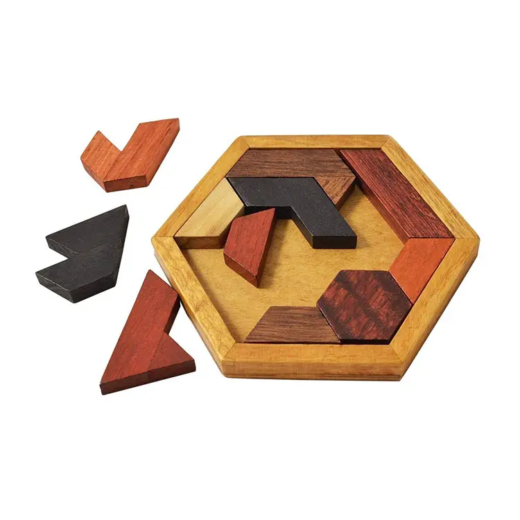 Juegos mentales Rompecabezas de madera Niños y adultos Rompecabezas de Tangram hexagonal desafiante