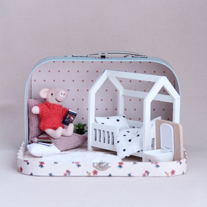Portable Dollhouse Suitcase Miniature Bedroom Play set Wooden Bunk Star <strong>Bedding</strong> Gingham Teepee Rug Pretend Play - Product Image 6