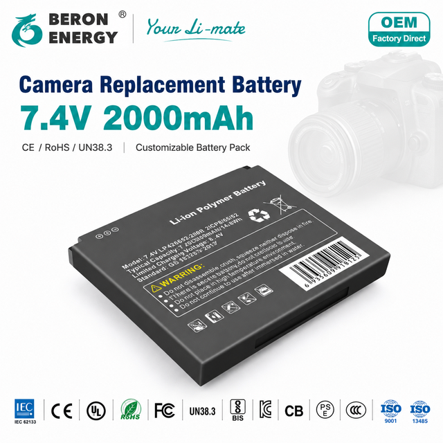Camera Replacement Battery 7.4V 2000mAh Rechargeable LiPo Battery Pack Slim Waterproof IP67 for Digital Cameras OEM Custom