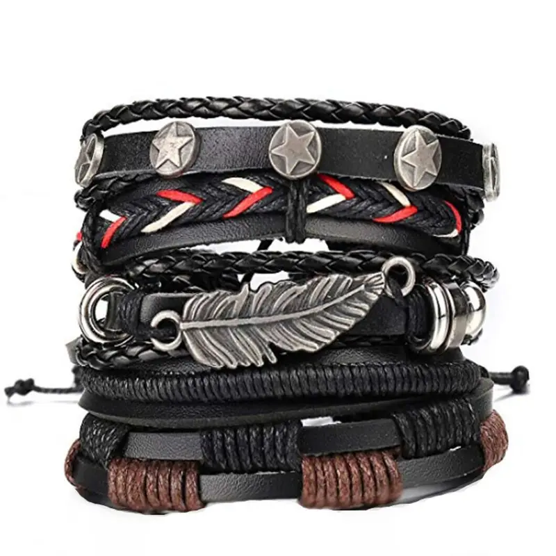 5 Pcs Braided Leather Bracelets for Men Cuff Wrap Wristbands wholesale
