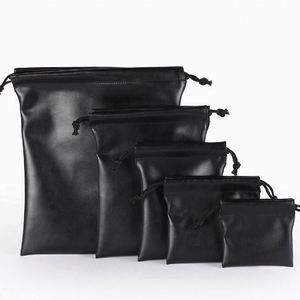 Custom Print Logo Black PU Leather <b>Drawstring</b> <b>Pouch</b> Waterproof Leather Earphone Jewelry <b>Drawstring</b> Bag - Product Image 2