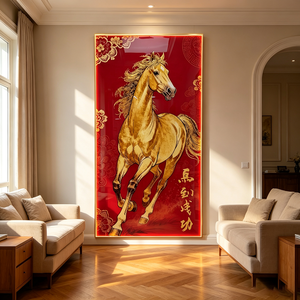Arte Mural Chino Personalizado al por Mayor, Caballo Dorado de la Suerte, Pintura en Porcelana con Cristal, LED, Decoración de Pared Vertical Roja para el Éxito - Product Image 4