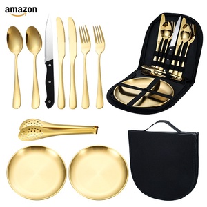 Ensemble de couverts portables pour le <span class=keywords><strong>camping</strong></span> en plein air, le pique-nique, le barbecue, le steak, couteau, fourchette, cuillère, assiette en acier inoxydable - Product Image 6