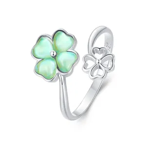 925 Sterling Silver Green Four-Leaf Clover Open Ring Size 5-9 Lucky Leaf Band Plated White Gold for Women Fine Jewelry SCR1019-E