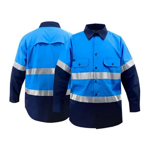 定制优质蓝色平纹户外反光高清晰机械长袖工作衬衫带标志批发