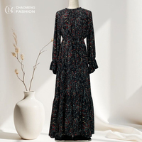 6434 # mode robe abaya en mousseline de soie évasée à fleurs à manches longues robes trapèze pour femmes élégantes avec doublure complète