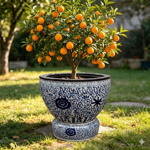 RXGB03-A-LD Cuenco de porcelana de 26 pulgadas con esmalte craquelado azul y blanco entrelazado, diseño floral de peonías, estilo chino, con <span class=keywords><strong>maceta</strong></span> a juego y accesorios separados - Product Image 3