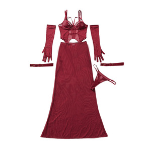 BOON Exportation Europe-Amérique 2026 Ensemble cinq pièces <span class=keywords><strong>sexy</strong></span> pour femme, style 'Hot <span class=keywords><strong>Girl</strong></span>', avec foulard en résille, dos ouvert, patchwork, semi-transparent, effet gainant, style robe mi-longue - Product Image 5