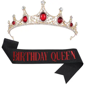 Red Black Birthday queen Crown and Sash for Women Birthday Queen Sash & Rhinestone Tiara Set Red and Black Party Decorations