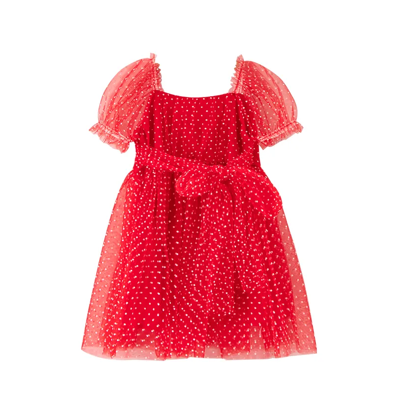 Girls' summer dress 2024 new one year old baby children's square neck bow mesh dot bubble sleeve mesh princess dresses