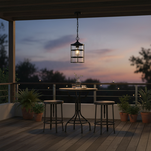 Luminaire extérieur en verre et en fer cylindrique à 1 ampoule E26, style industriel, luminaire suspendu pour porche, cour, noir - Product Image 3