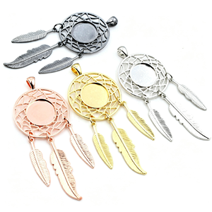 Pendentif camée <span class=keywords><strong>de</strong></span> 14 mm en alliage <span class=keywords><strong>de</strong></span> zinc plaqué or rhodié, style feuille d'arbre, <span class=keywords><strong>plume</strong></span>, ailes, avec base cabochon et capuchons <span class=keywords><strong>de</strong></span> perles - Product Image 3