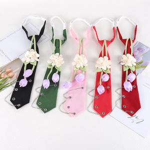 Corbata decorada con flores de tulipán para mujer, accesorio de uniforme JK, corbata sin nudos con cadena y perlas - Product Image 1