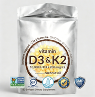 Gélules de Vitamine D3 K2 Premium 10000 UI 200 µg avec Huile de Coco, 180 Gélules pour le Soutien Immunitaire et la Santé Osseuse des Adultes, Sans OGM