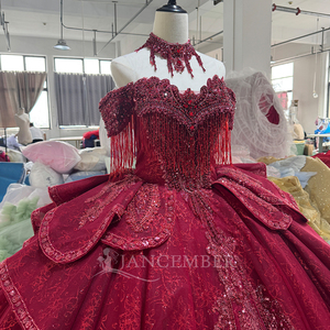 Vestido de noche rojo Mc038 con cordones en la espalda, adornos de lentejuelas y borlas, apliques de encaje, vestido de quinceañera Jancember - Product Image 3