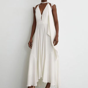 Vestido largo blanco de mujer con cuello halter, estilo casual, con cuello en V profundo y superposición drapeada, ideal para la noche - Nueva Colección 2026 - Product Image 1