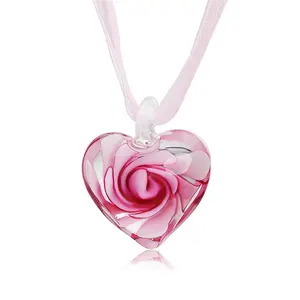 Handmade Heart Shape Flowers Art Murano Lampwork Glass Italy Millefiori Inspiration Pendant Necklace Ribbon Jewelry