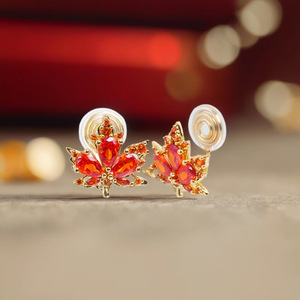 Clip-on Earrings Maple Leaf Design Gold Red Rhinestones Party Fashion Cuff Earrings - Product Image 1