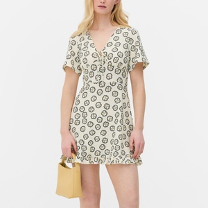 ชุดเดรสสั้นมีจีบสำหรับผู้หญิงชุดเดรสสั้นคอวีพิมพ์ลายปรับแต่งได้สไตล์หวานๆสายรัดเอวธรรมชาติซักได้แบบลำลอง - Product Image 1