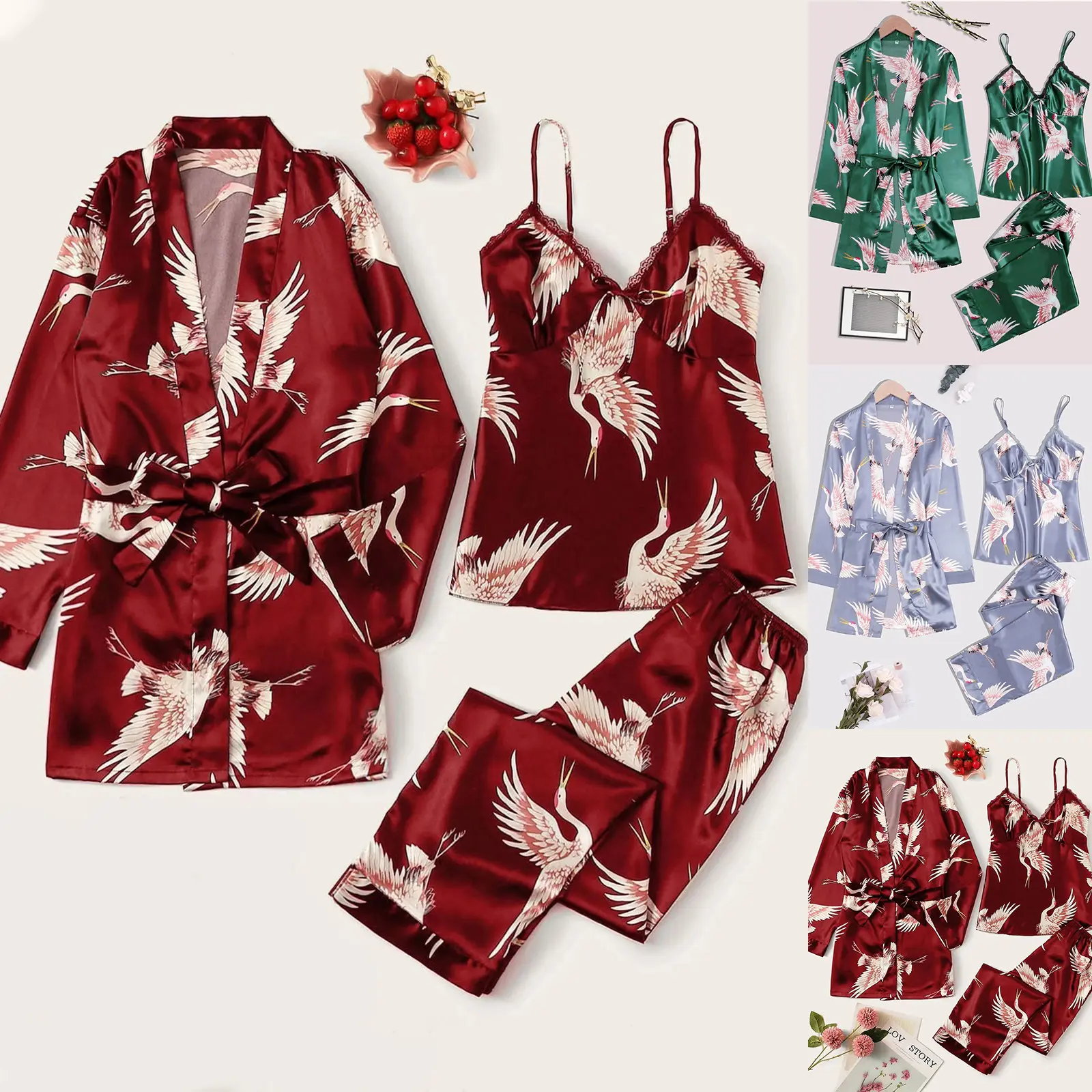 Verified Manufacturer Spring 3 Piece Print Lace Sleepwear Silk Robe De Nuit En Satin Pajama Sets For Women