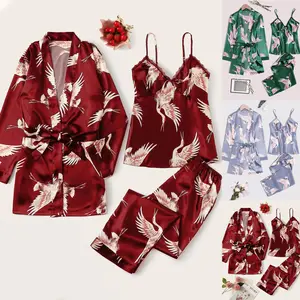 Verified Manufacturer Spring 3 Piece Print Lace Sleepwear Silk Robe De Nuit En Satin Pajama Sets For Women