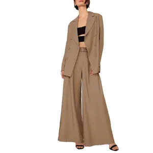 2021ファッション女性ブレザー高品質オフィスレディウェアダブルブレストVネック長袖特大スーツパンツベルト付き