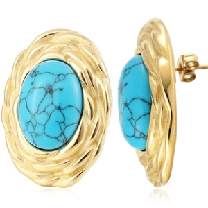 yunnique Fashion <b>Stud</b> Earrings Gold Turquoise Inlay Bezel Setting 18K <b>Titanium</b> Steel U Shaped Geometric Design - Product Image 4