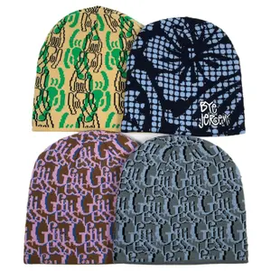 Oem Fashion Design Top Hot Koop Hoge Kwaliteit Unisex Kleurrijke Breien Ontvouwen Warm Winter Hoeden Custom Jacquard Patroon Beanie