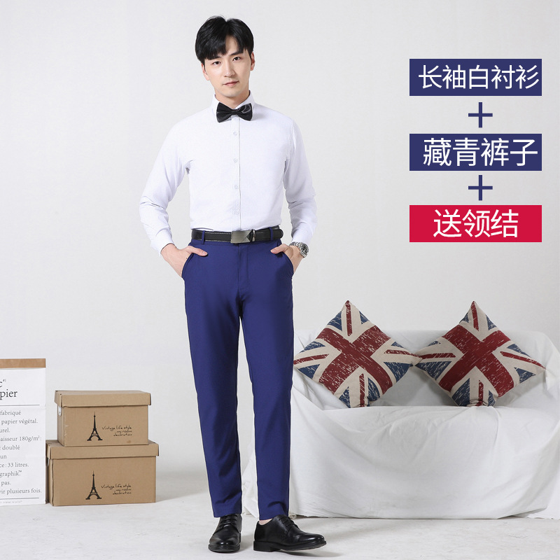White shirt-dark blue trousers-bow tie