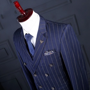 Trajes de <span class=keywords><strong>Hombre</strong></span> <span class=keywords><strong>Azul</strong></span> <span class=keywords><strong>Marino</strong></span> a Rayas de 3 Piezas de Alta Calidad Listos para Enviar - Product Image 3