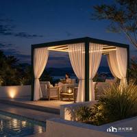 Pavillon de jardin moderne en aluminium thermolaqué avec toit souple en PVC, rideaux transparents fluides, support en arête de poisson et bande LED