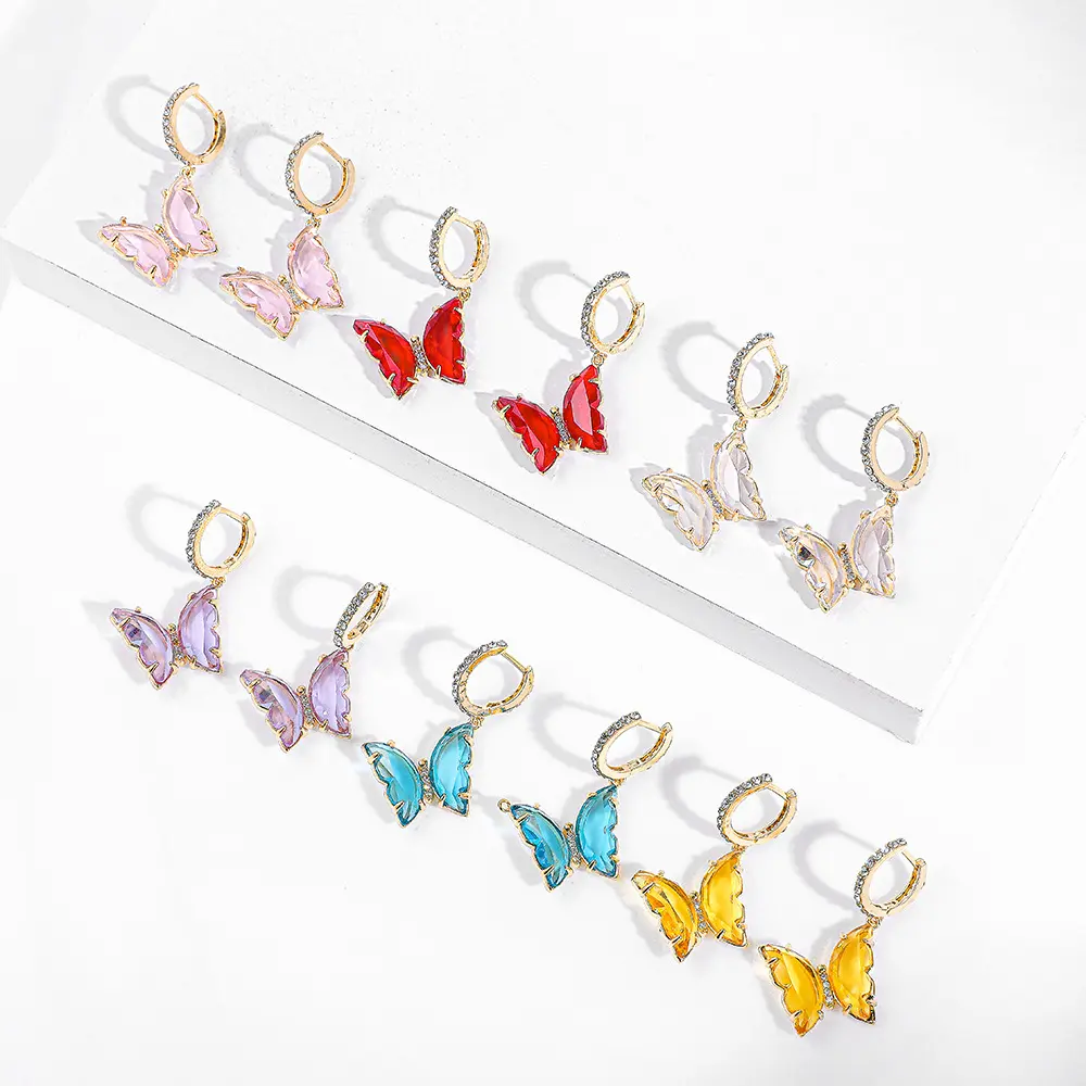 Boho Gold Plated Colorful Clear Stone Butterfly Hoop Clip Earrings Glass Crystal Butterfly Dangle Earrings