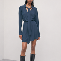 Robe chemise pour femme à col noué, manches longues, taille froncée, mini-robe élégante décontractée, OEM, marque privée, vente en gros