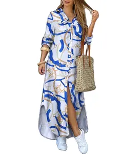 가을 새로운 패션 불규칙한 인쇄 3 분기 플러스 사이즈 여성 의류 긴 소매 라운드 넥 캐주얼 드레스