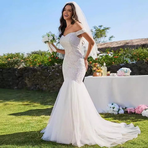 Mermaid Wedding Dress Off Shoulder <b>Lace</b> Sweetheart Neckline Ivory <b>White</b> Long Gown Natural Waistline Zipper Closure - Product Image 2