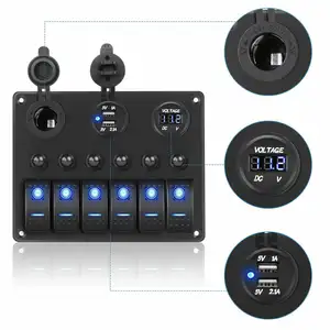 6 Gang Marine Boat Car Rv Truck digital voltmeter Fuse Breaker Protected DC Rocker Switch Panel