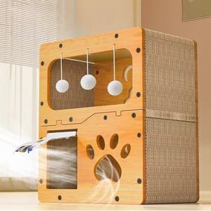 بيت حيوان أليف مموج 2 في 1 متين لخدش القطط بني داخلي مع لوح خدش للقطط مصنوع من الخشب والورق - Product Image 4