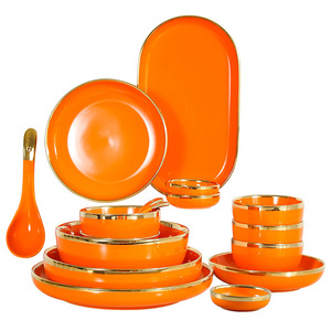 Modern Luxury Porcelain <b>Tableware</b> Set Orange Gold Rim Bowl Plate Soup Rice Creative Design Disposable 2-Piece Utensils Kit - Product Image 5